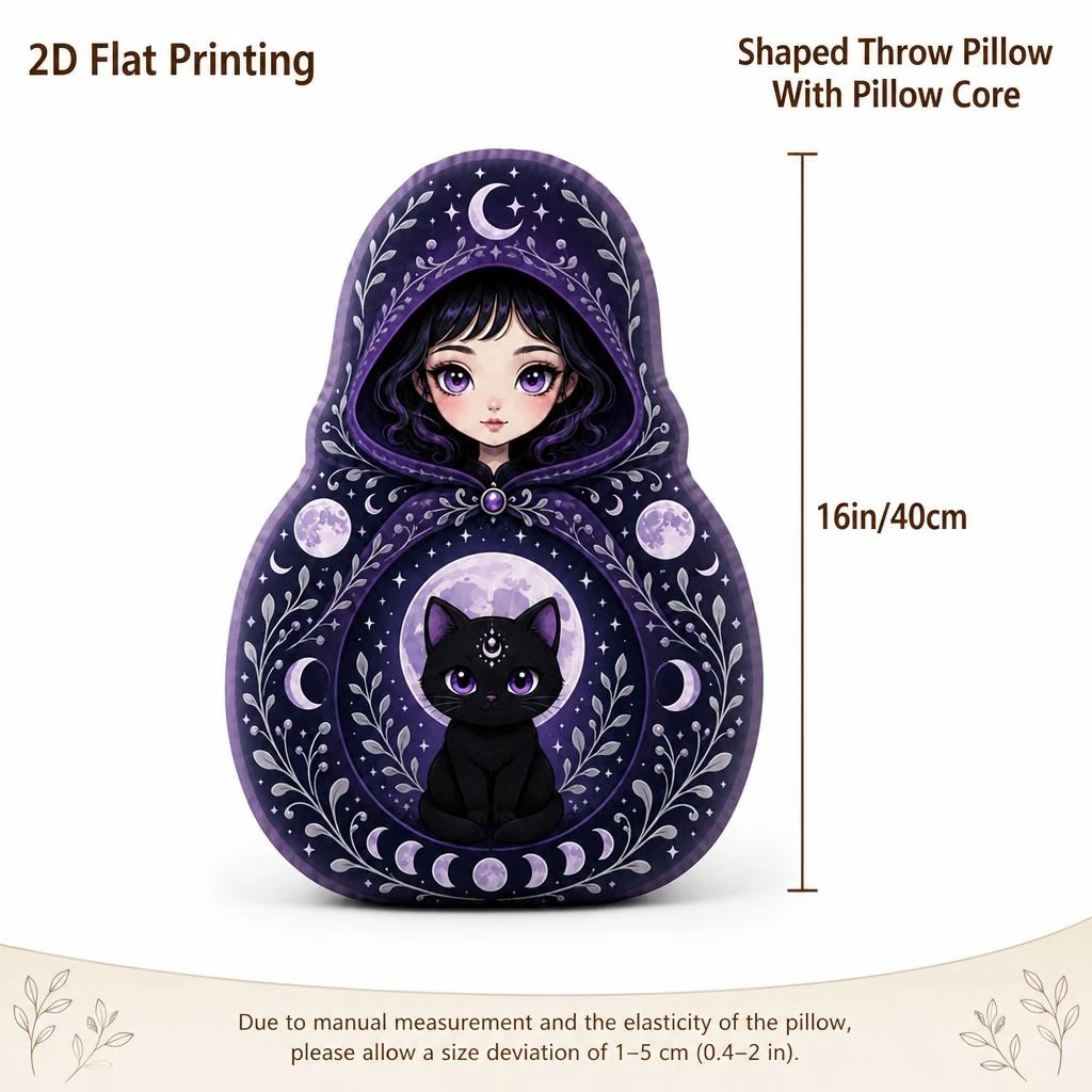 Gothic Witch Black Cat Shaped Throw Pillow With Insert, Double‑Sided Moon Phase Art Cushion, Mystic Witchy Style Decor Pillow fo