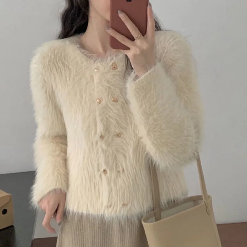 Double Breasted Button Knitted Cardigan Women Furry O-Neck Cardigan Female Long Sleeved Knitted Loose Cardigan Autumn Winter