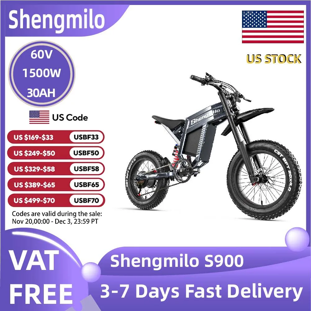 

Shengmilo S900 60V30AH Battery electric bicycle,Adult 1500W E-bike Men's E-Mountain ebike , 20" Fat Tire Electric Bike