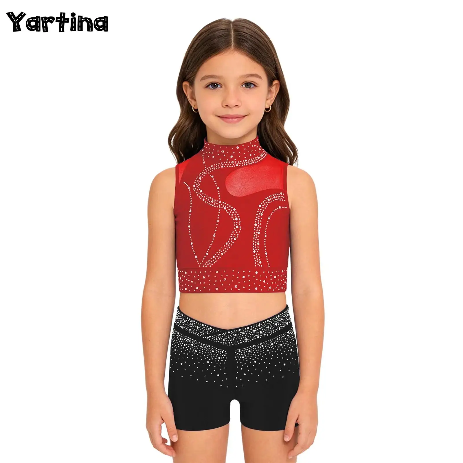 

Kids Girls Gymnastics Leotards Ballet Dance Outfit Costume Keyhole Back Mesh Crop Top with Sparkling Rhinestones V-Front Shorts