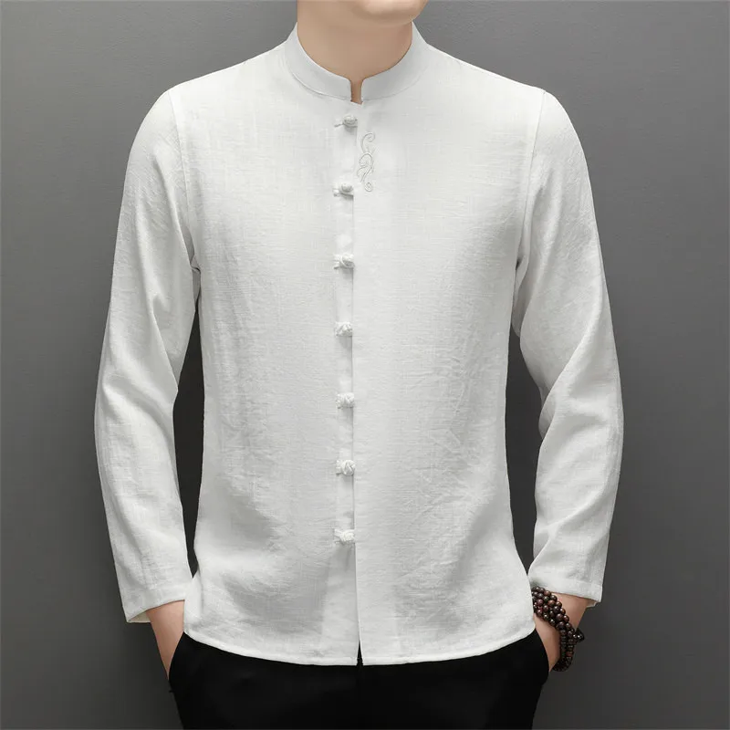Viscose&Plyamide Frog Button Shirts For Men Long Sleeve Casual Autumn Quality Embroidery Tang Costume Softness Camisas De Hombre