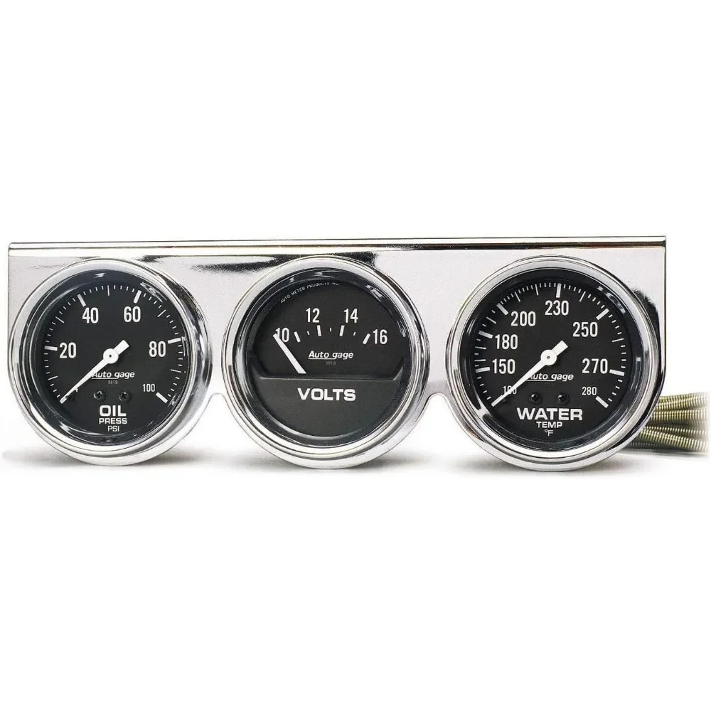 

Black Triple Gauge Console Oil Water Volt 2 5 8 Inch Chrome Bezel