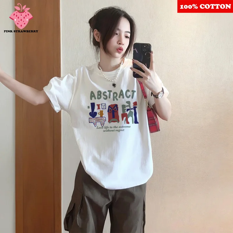 

Abstract Letter Print T-shirt Women Summer 2025 New 100% Cotton American style Street Short sleeves Tee Y2k Tops Female clothing