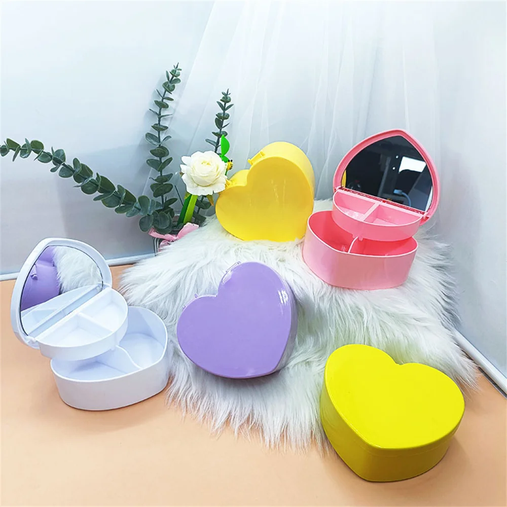 Heart Shape Cosmetic Jewelry Organizer Makeup Organizer With Mirror Girl Cute Plastic Box Make Up Storage Container New Women