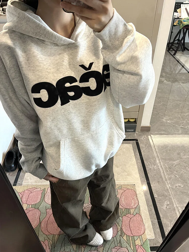 Retro American Letter Patchwork Stickerei Hoodie Damen Herbst Winter Thiened Loose Paar Trendy Oberbekleidung