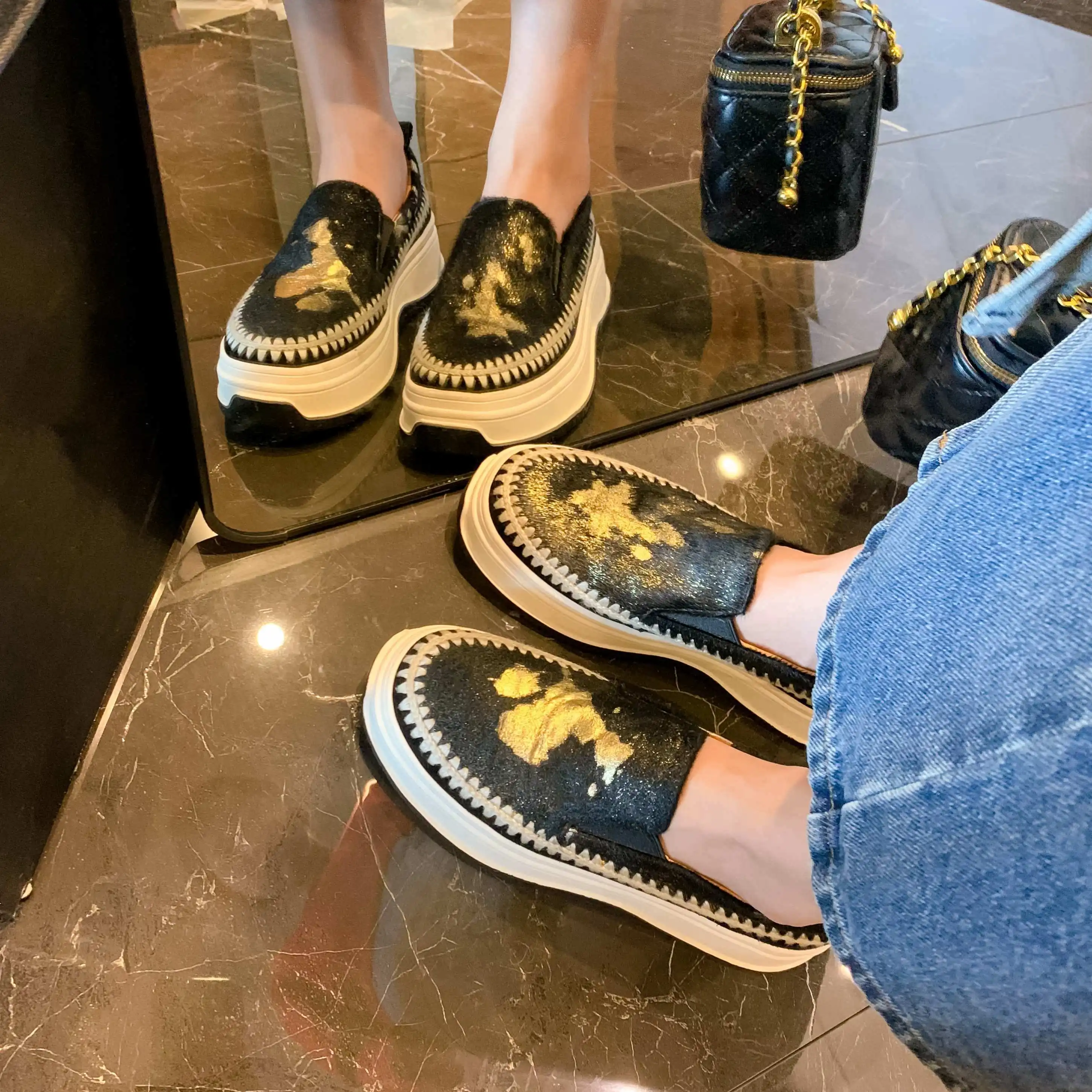 Krazing Pot 2023 Ins Horsehair Platform Print Fashion Sneakers Slip On Loafers Preppy Style Luxury Casual Women Vulcanized Shoes