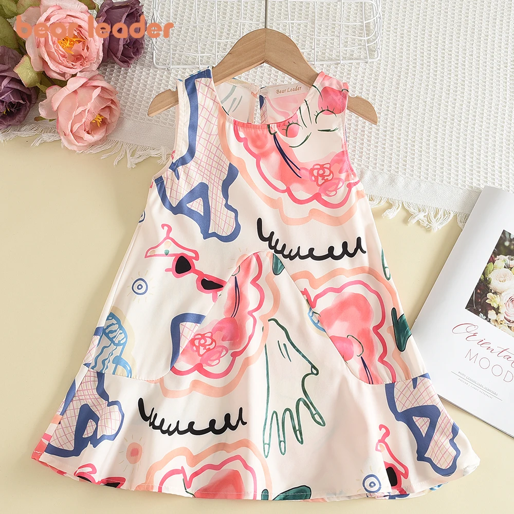 Bear Leader Girls Clothes Summer 2023 New Girls Dresses Classic Graffiti Sleeveless Dress Casual Kids Dresses Vestidos for Baby