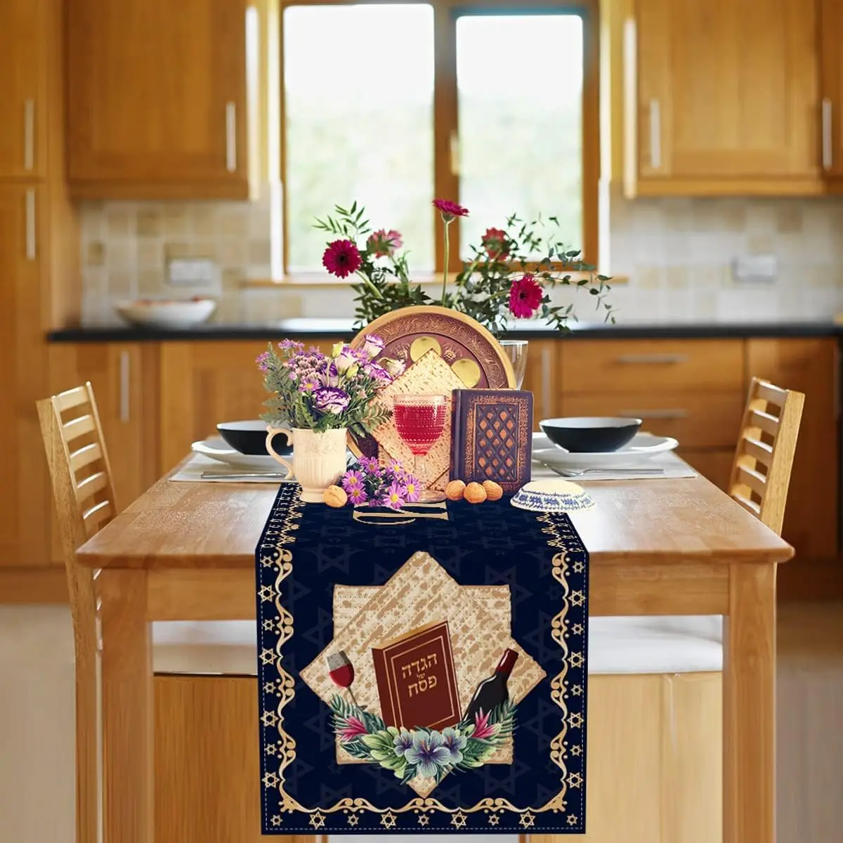 Happy Passover Linen Table Runner Holiday Party Decorations Pesach Star of David Jewish Festival Home Kitchen Dining Table Decor