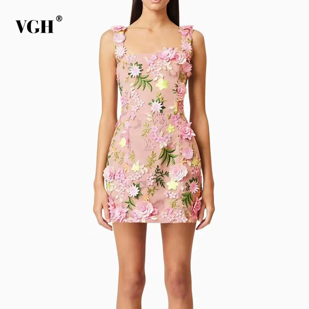 

VGH Colorblock Spliced Appliques Mini Dress for Women Square Collar Sleeveless High Waist Slimming Casual Dresses Female Summer