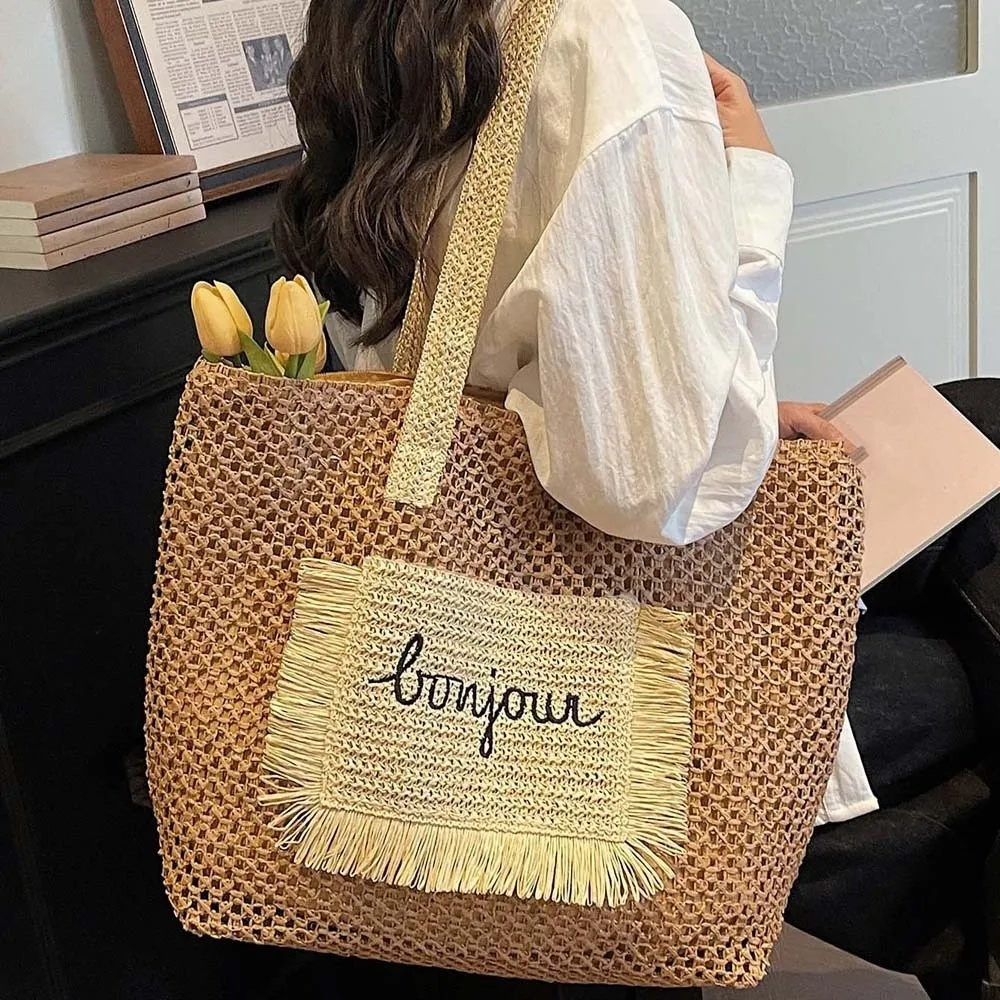 

Сумка-тоут из плетеной соломки, большая вместительная сумка на плечо контрастного цвета, легкая полиэстеровая сумка для пляжного отдыха