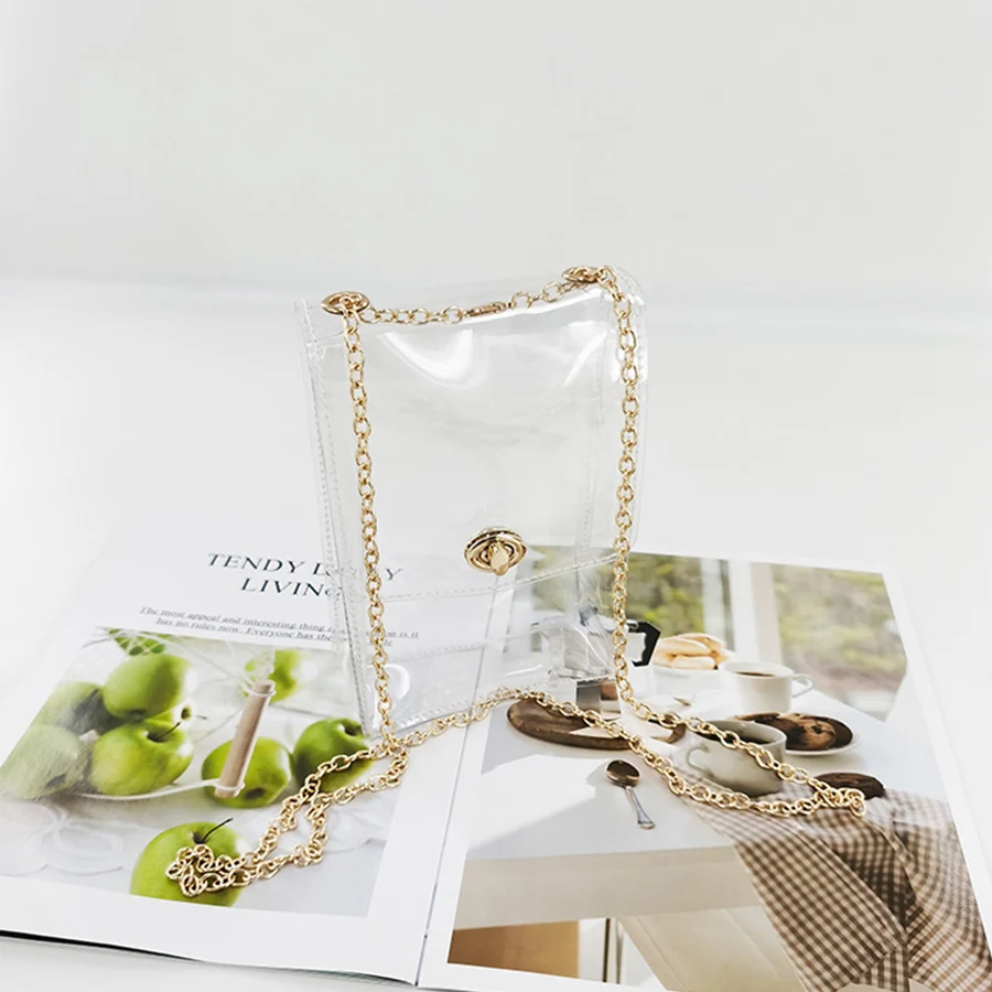 

Transparent PVC Mobile Phone Bag Small Square Bags Ladies Flip Handbags Women Clear Bag Waterproof Chains Crossbody Shoulder Bag