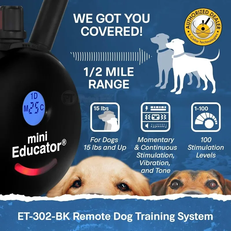 Educator ET-302 BK - 1/2 Mile Rechargeable Dog Trainer Ecollar with Remote for Small, Medium, and Large Dogs