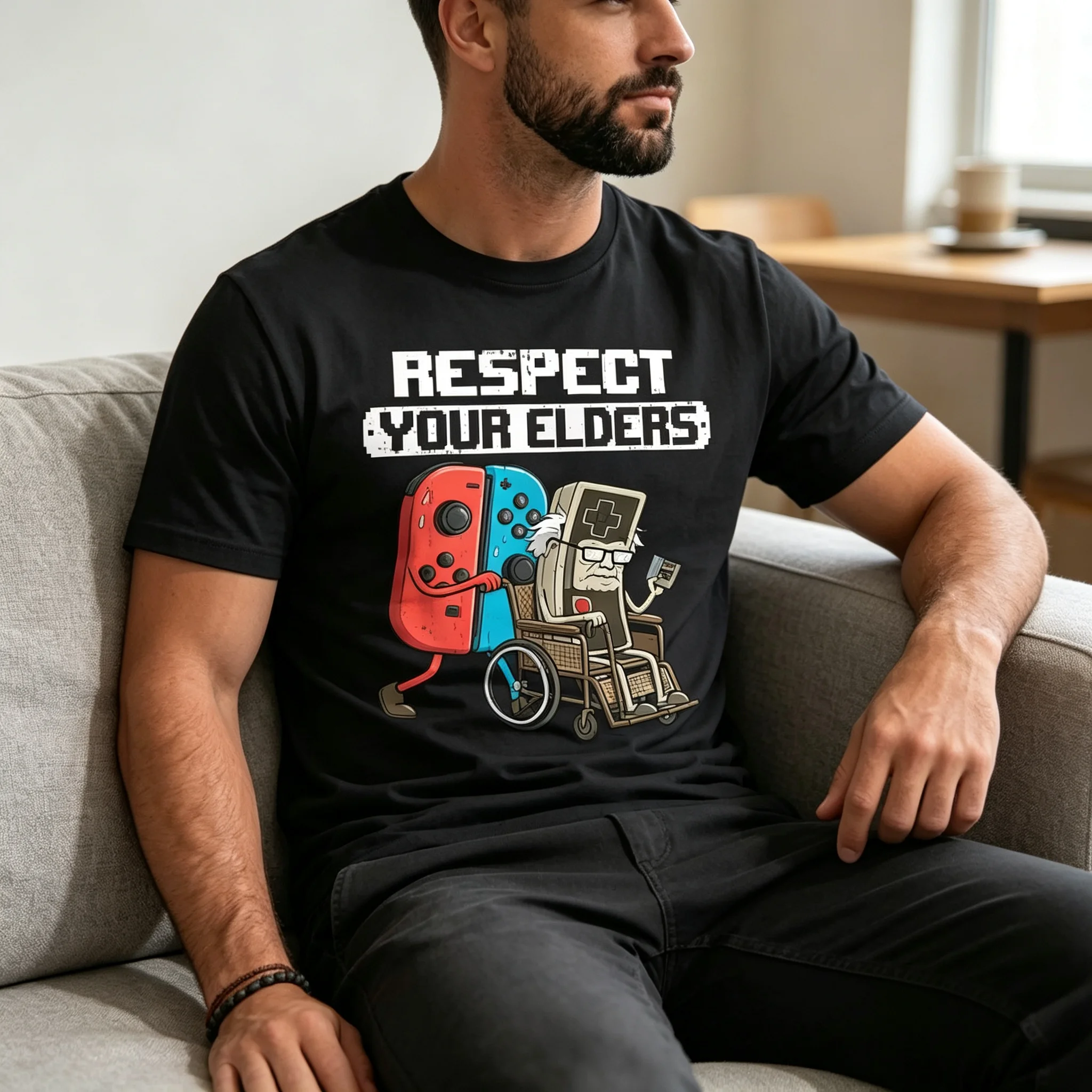 Vintage Gaming Graphic Men T-shirt Funny Switch Handheld Console Elder Cartoon Print Crew Neck Short Sleeve Casual Cotton Tees