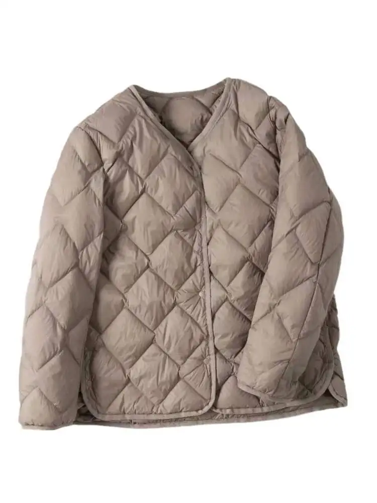 Women Lightweight Down Jacket Diamond Grid Collarless Autumn Winter White Duck Down Thickening Casual Down Coat Female Outwear