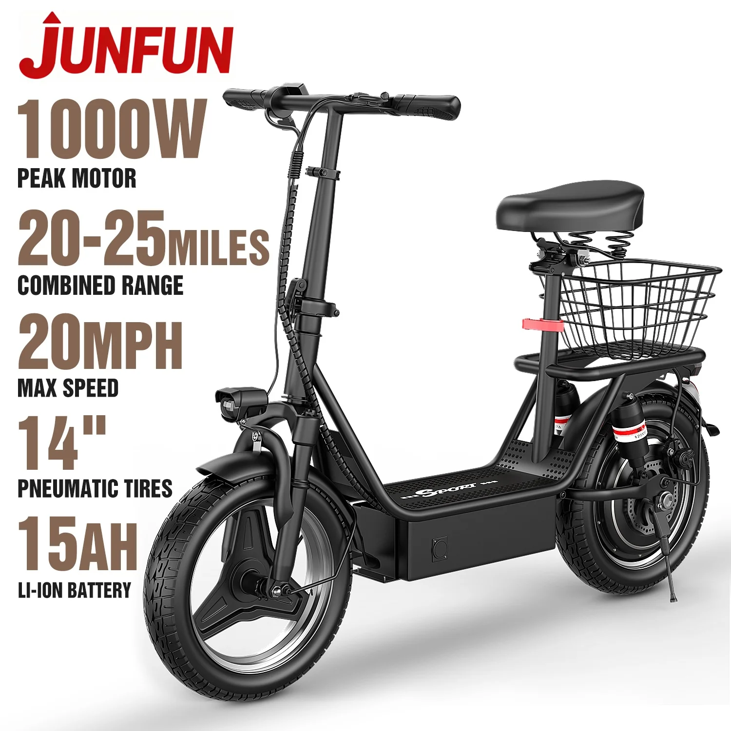 

JUNFUN Electric Scooter with Seat, 1000W Powerful Motor, 25Miles Range, 48V 15AH Battery, 14'' Tires E Scooter Adults Commute