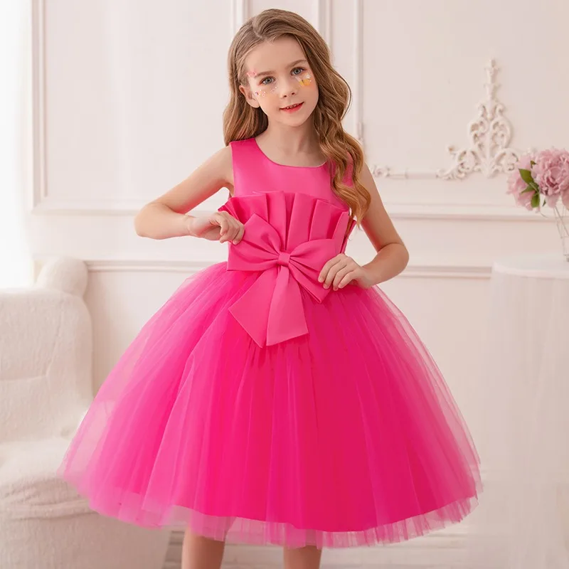 Summer Sweet Rose Kids Vestidos 2 4 6 8 10 Years Old Child Clothes OGF244441 2-10 Years Old Navy Blue Bow Girls Dresses
