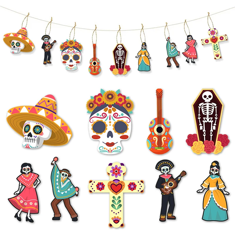 9pcs Mexican Day of the Dead Pendant Hanger Skulls Horror Hangings Death Day Halloween Christmas Party Decorations