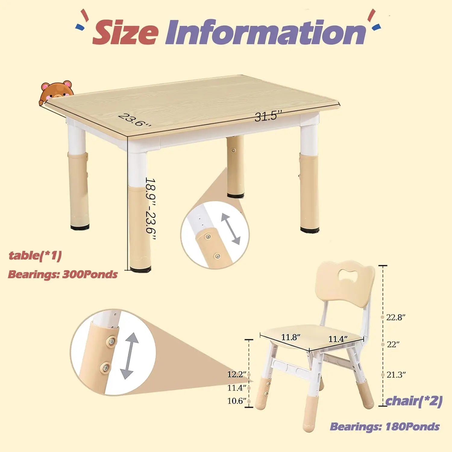 Juego de mesa y 2 sillas para niños pequeños, juego de mesa y silla para niños pequeños, altura ajustable, 31,5 ''L x 23,6'' W