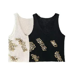 Tangada Women 2024 Pearl Knitted Sweater Jumper Sleeveless Female Crop Pullovers BE0142