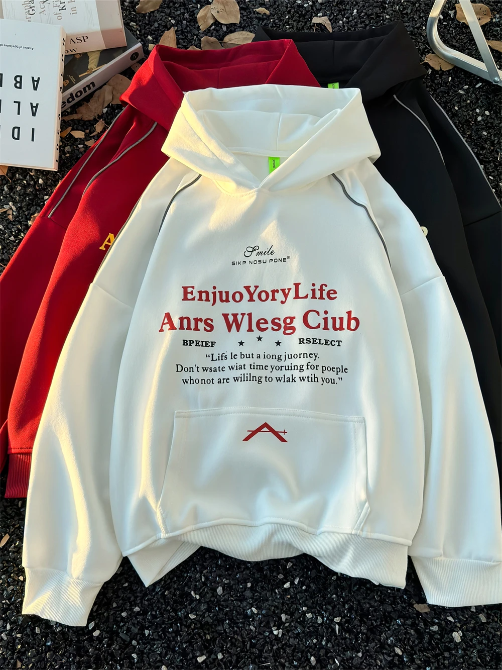 Retro American Letter Print Hoodie Loose Unisex Autumn New Trend Brand Reflective Couple Outerwear Casual Streetwear