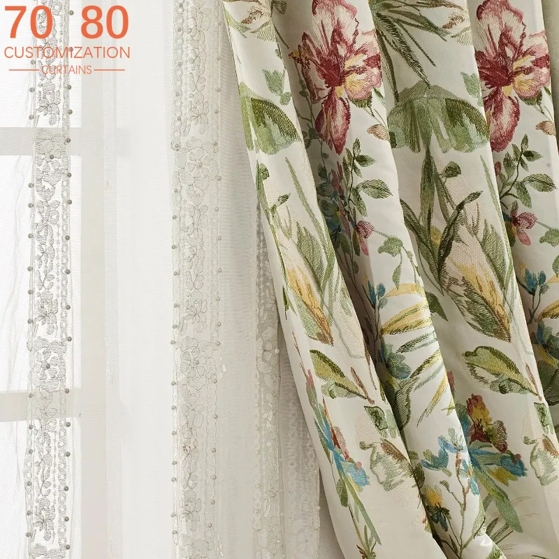 

French Plant Flower Jacquard Rice White Velvet Splicing Curtains for Living Room Bedroom Villa Custom Partition Curtains Valance