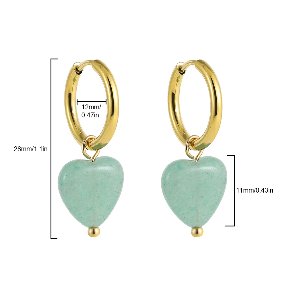 أقراط متدلية أنيقة على شكل قلب من الأحجار الكريمة للنساء ، حبات من الأحجار الطبيعية ، الفولاذ المقاوم للصدأ ، الطوق الدائري ، هدايا العناق