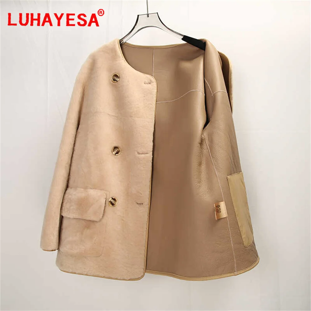 2024 Turkey Merino Sheepskin Fur Shearling Coat Women Khaki Double Breasted O Neck Loose Medium Long Real Fur Outfit Jacket