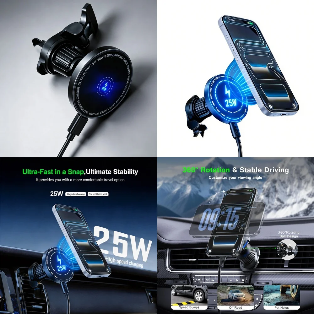 Fast Wireless Car Charger 25W Magnetic Vent Ball Mount 360 Rotation Stable Holder for iPhone 17 Samsung Galaxy S26 Ultra Android