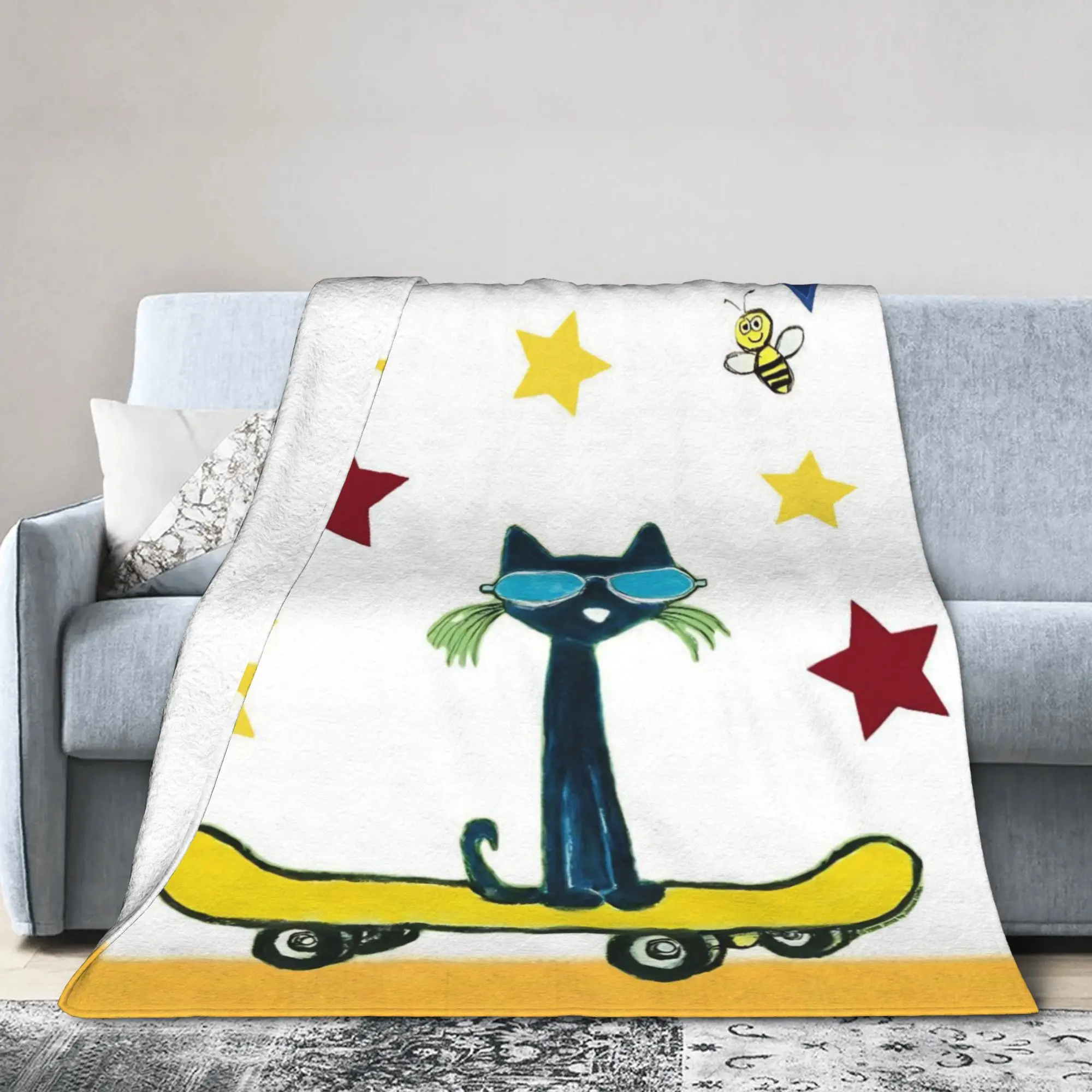 Pete The Cat Star Skateboard Blanket Cover Flannel  Lightweight Thin Throw Blankets for Outdoor Travel Bedroom Quilt