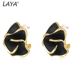 LAYA Camellia Flower White Black Enamel Stud Earrings Retro Flower Female High Grade Pierced Ear Copper Fashion Luxury Jewerly