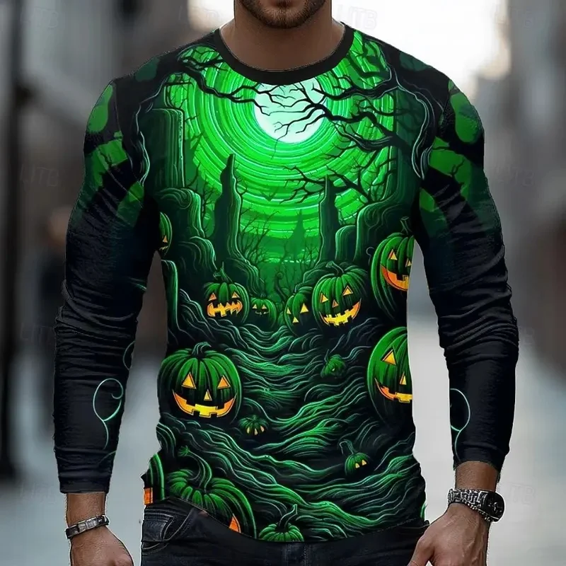 Men Halloween Glowing Pumpkin Graveyard Moon Tree 3D Print Long Sleeve T Shirt