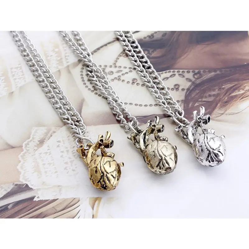 Retro Vintage 3D Anatomical Human Hollow Heart Pendant Necklace Sweater Chain