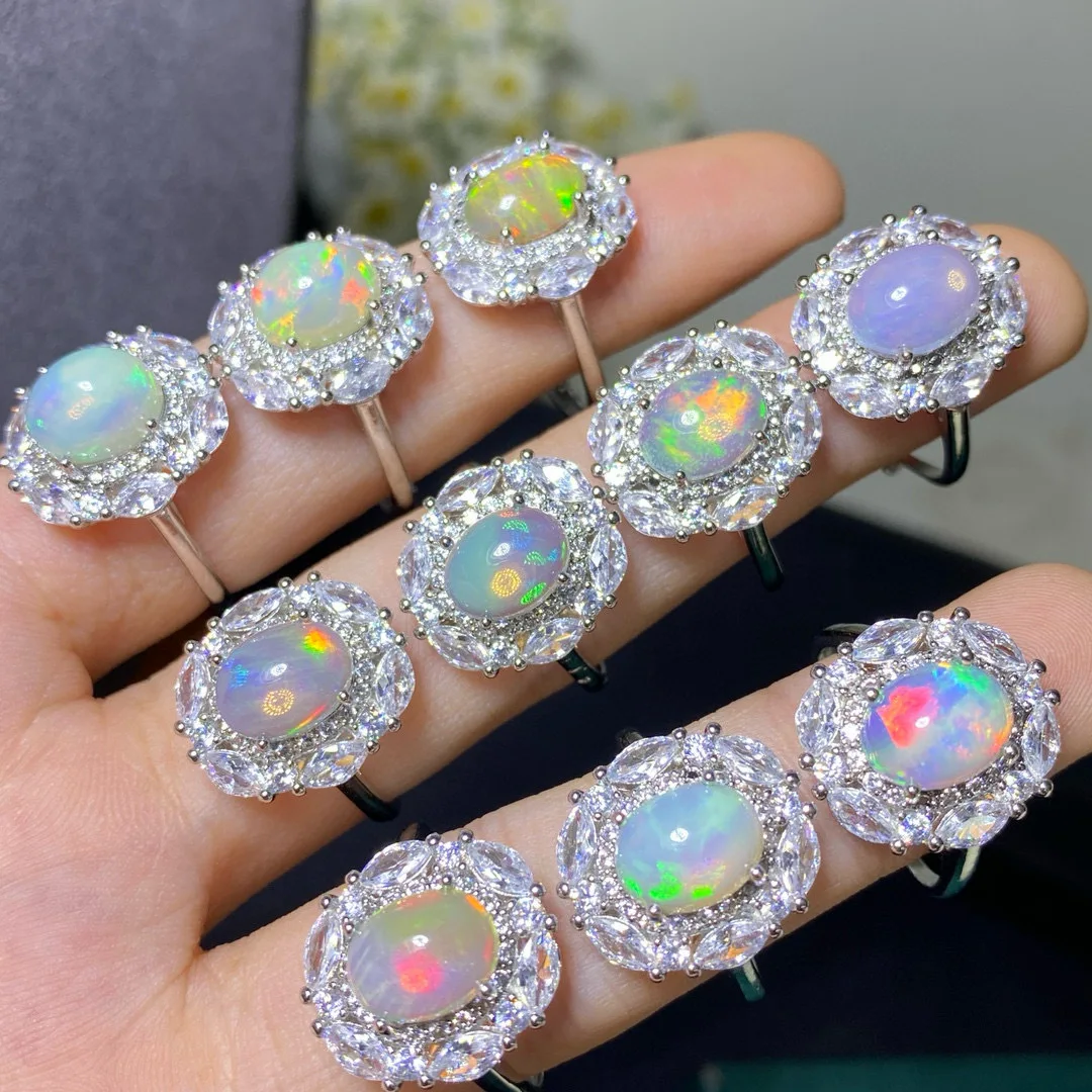 

80 шт./медный набор, кольцо с натуральным черным опалом, основной камень 7x9 мм, овальное регулируемое кольцо для женщин, ювелирные изделия, оптовая продажа, кольцо