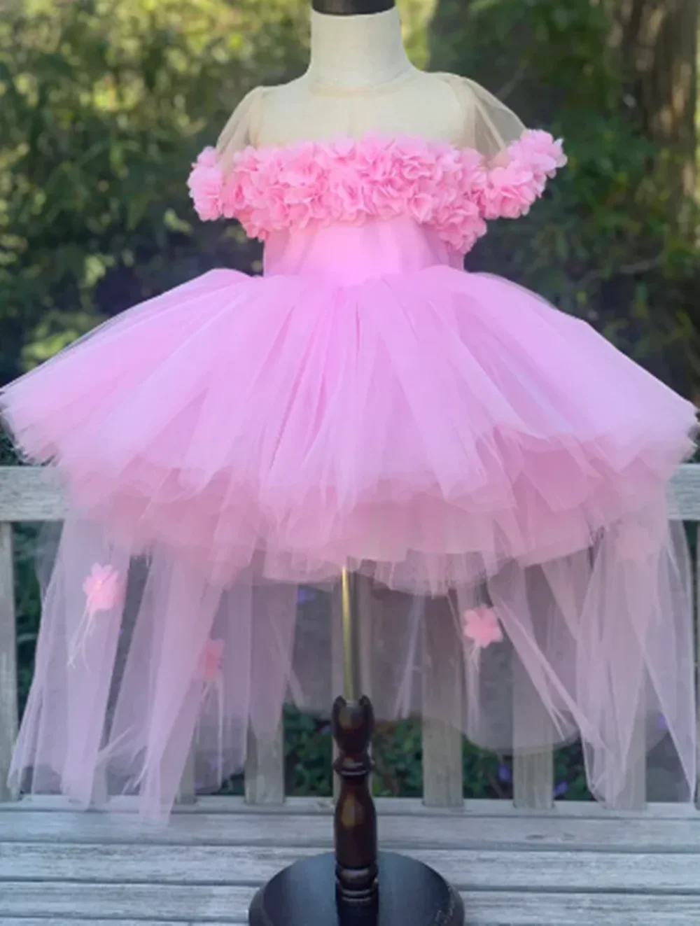 Pink Flower Girl Dress Princess Off Shoulder High Low Tulle Appliques Princess Dresses For Girls Birthday Party Gowns Customized