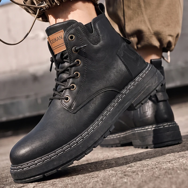 Herren High-Top Freizeitstiefel aus Kunstleder mit Schnürung, dicker rutschfester Blocksohle und genähten Details für den täglichen Einsatz in der Stadt. – Detail 4