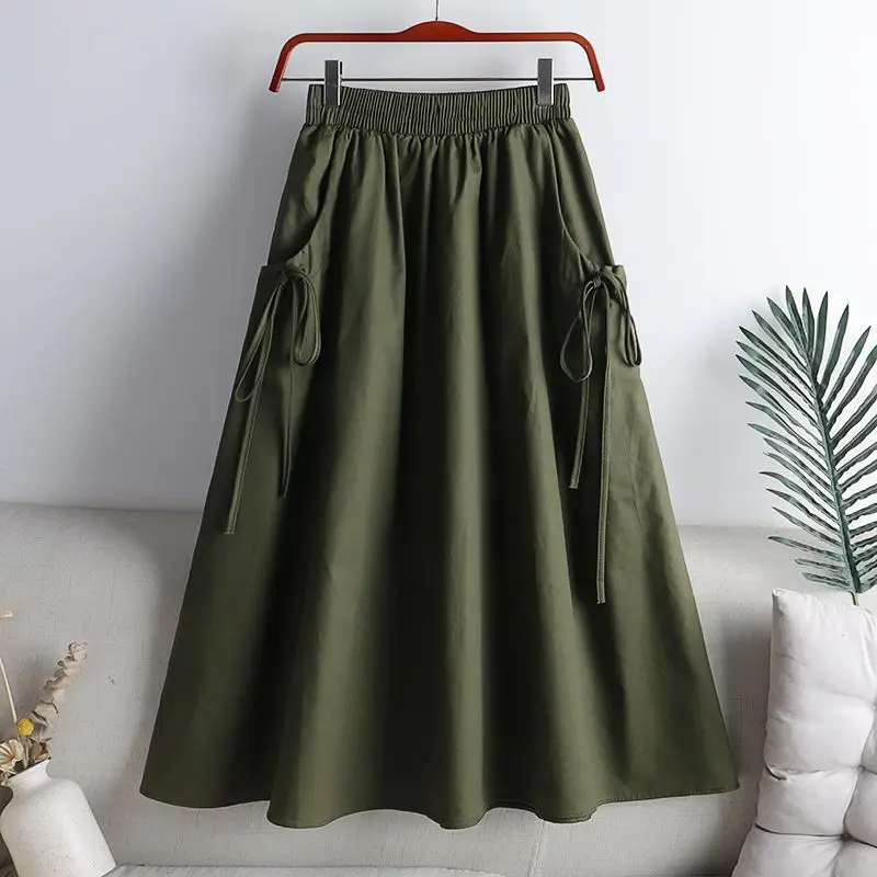 Korean All-match Fashionable Solid Color Lace Up Spliced Loose Skirt Female Elastic High Waist Midi Skirts Summer Women Clothing