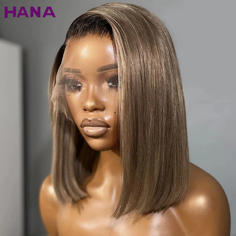 Ombre Ash Blonde With Brown Roots Colored Short Bob Wig 13x4 Lace Front Wig 180% Density Straight Human Hair Wig For Black Women