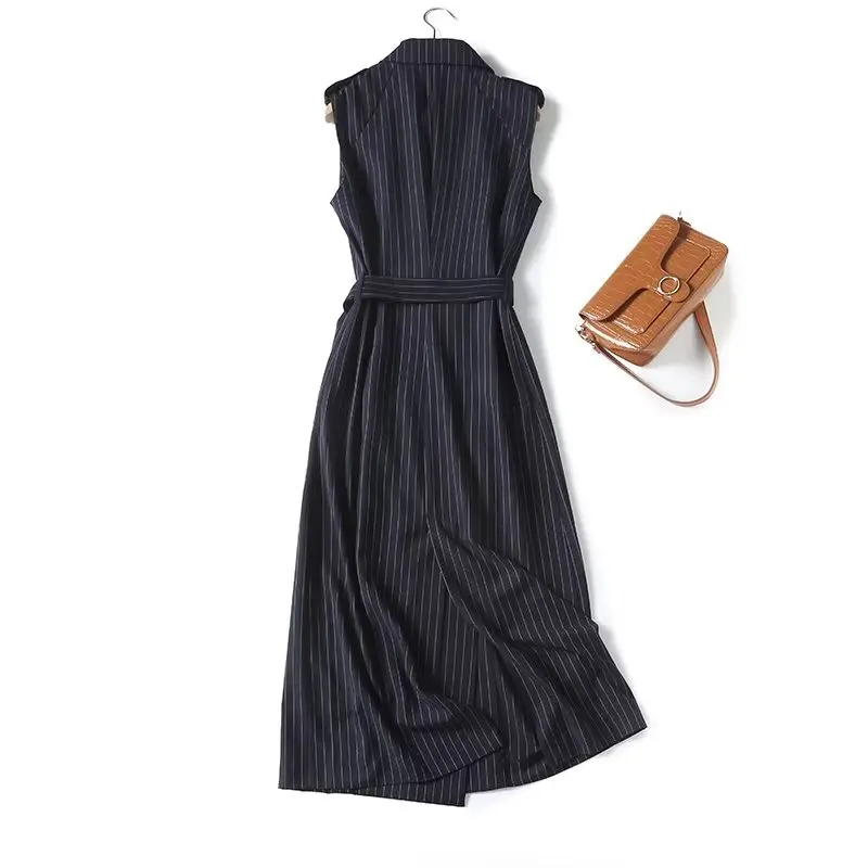 

Maxdutti Autumn New French Fashion Navy Dress Women Striped Sleeveless Suit Dress Office Ladies Retro Elegant Midi Vest