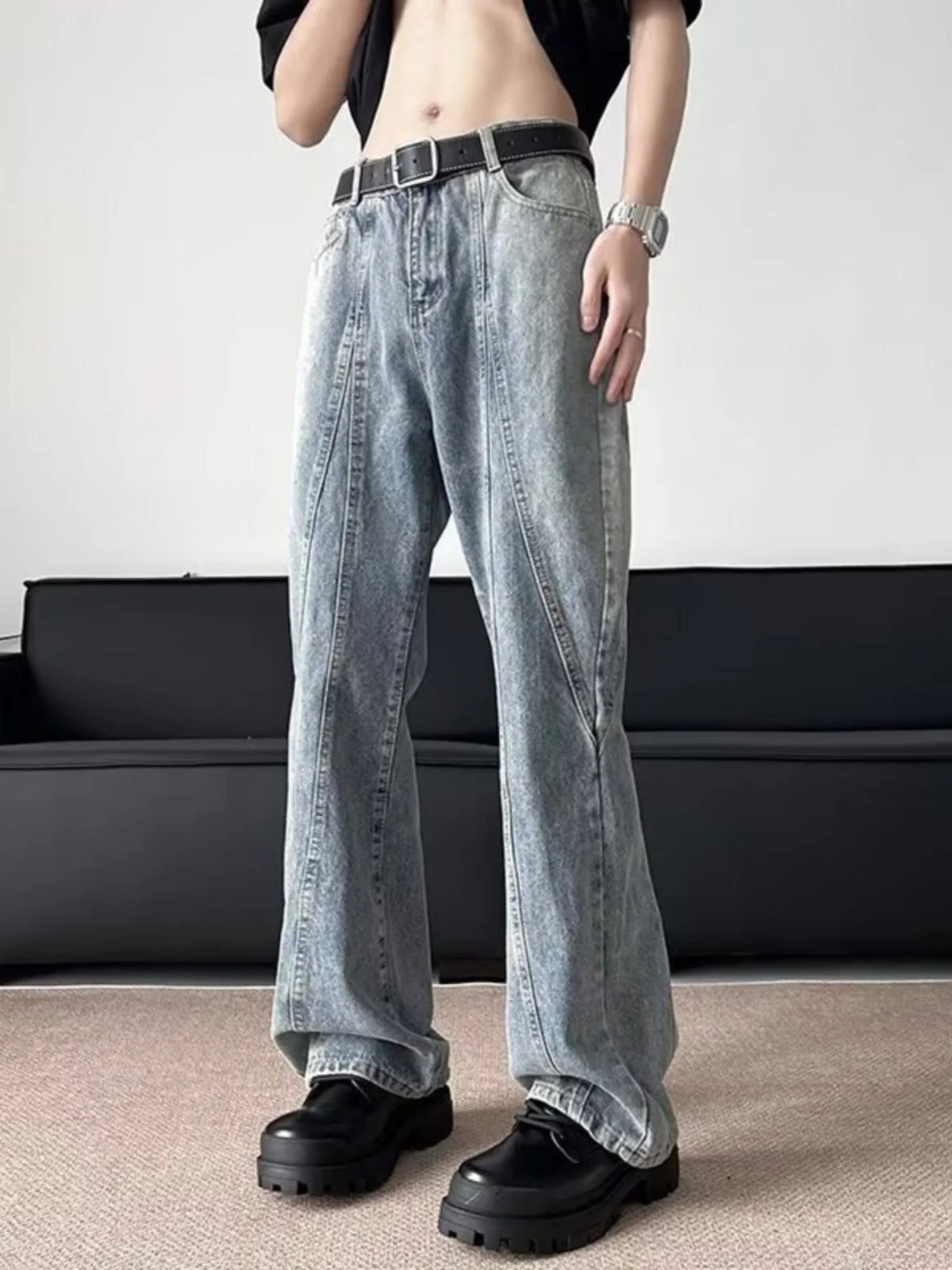 

Retro Blue Patchwork Men's Jeans Slim Straight American High Street Vibe CleanFit Micro Flared Pants Youth Fashion Jeans