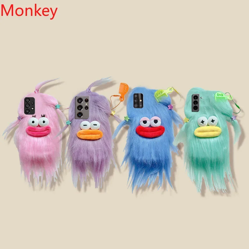 3D Korean Funny Fluffy Plush Monster Case For Samsung A03 A13 A23 A33 A53 A73 A51 A71 A21S M13 M14 M53 M54 A9 A7 Cute Soft Cover