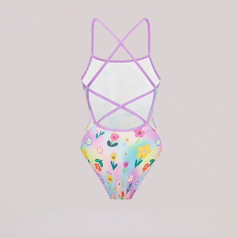 2026 New Women's Speed Suit Swimsuit Purple Flower Design No Chest Pad Medium Cut Backless  Quick Dry Competion Swim...