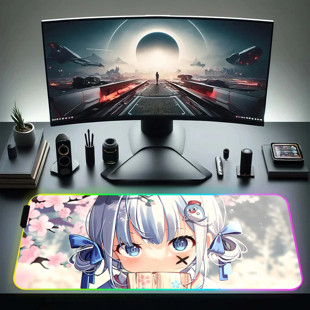 Hololive YouTuber Gawr Gura RGB Pc Gamer Keyboard Mouse Pad Mousepad LED Glowing Mouse Mats Rubber Gaming Computer Mausepad