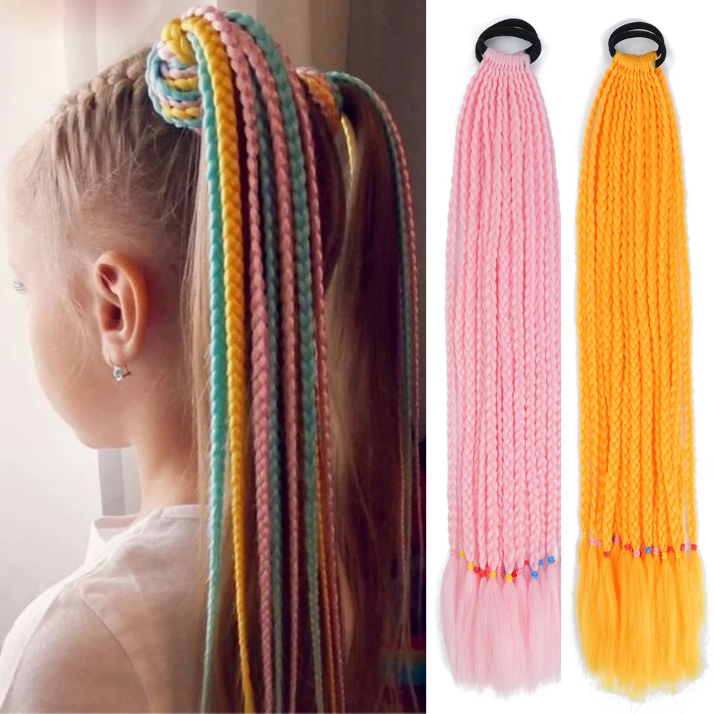 Synthetic Long Twist Braided Ponytail Extensions With Rubber Band 24Inch Boxing Braided Hair Extensions For Kid Women Daily Use