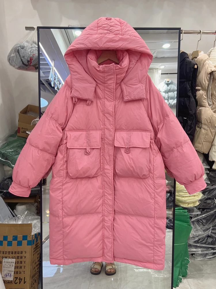 Piumino lungo sopra il ginocchio da donna vestibilità ampia invernale nuova versione coreana addensato versatile casual piumino d'anatra bianco