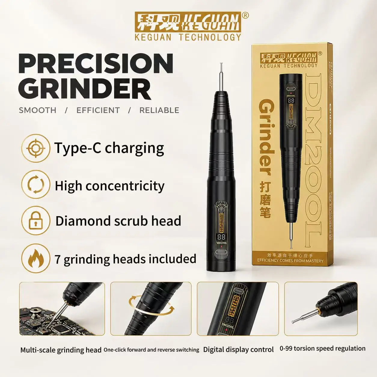 KEGUAN DM200L Electric Polishing Pen 7pcs Diamond Grinding Heads for IC Chip Grinding PCB Cutting Jade Polishing Phone Repair