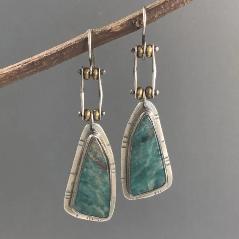 Boho Dangle Earrings for Women Vintage Irregular Turquoise Drop Earrings Ethnic Retro Pendant Ear Hook Beach Party Jewelry Gift