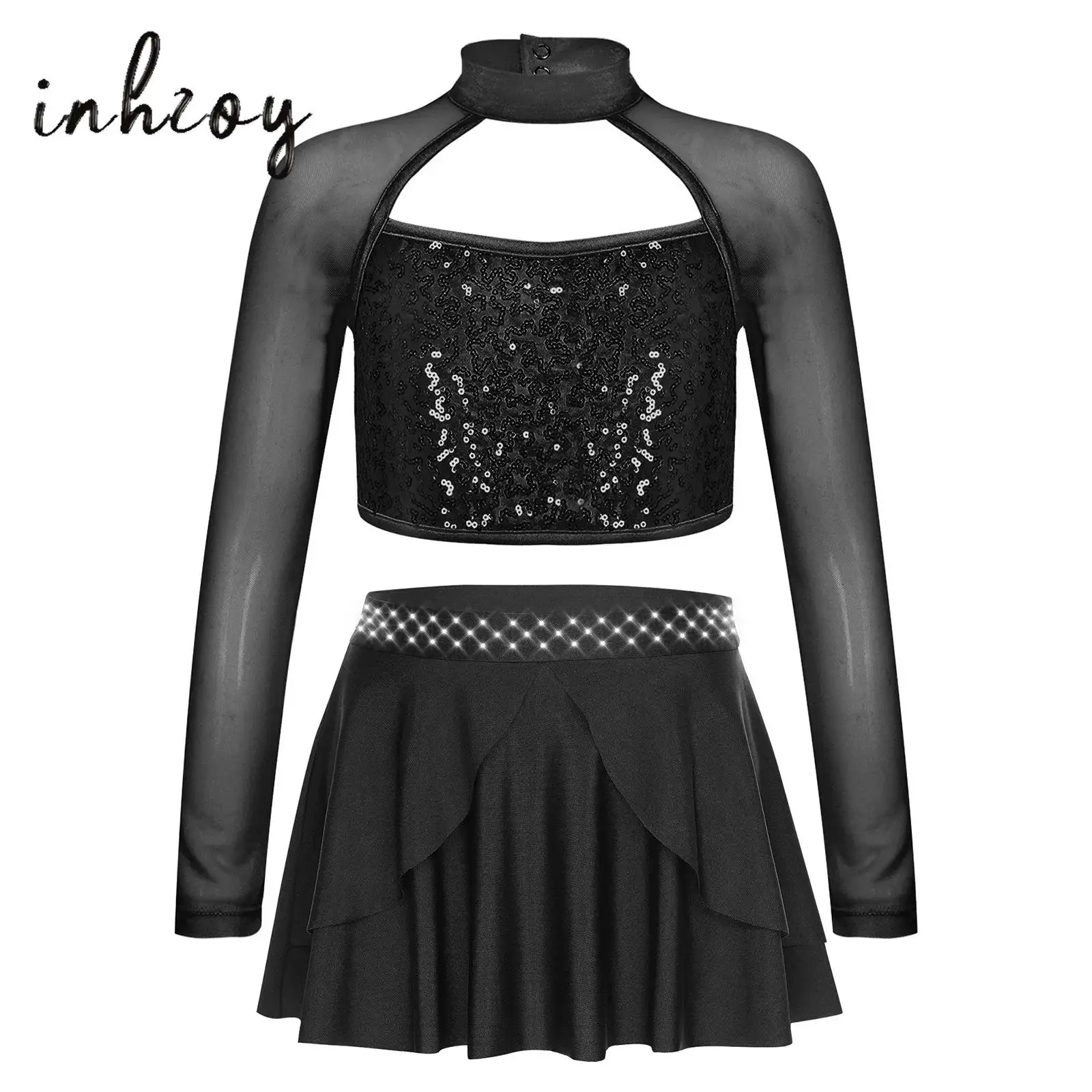 

Kids Girls Latin Jazz Cheer Dance Outfit Hip Hop Streetwear Long Sleeve Shiny Sequins Crop Top+Skirt with Built-in Briefs Set