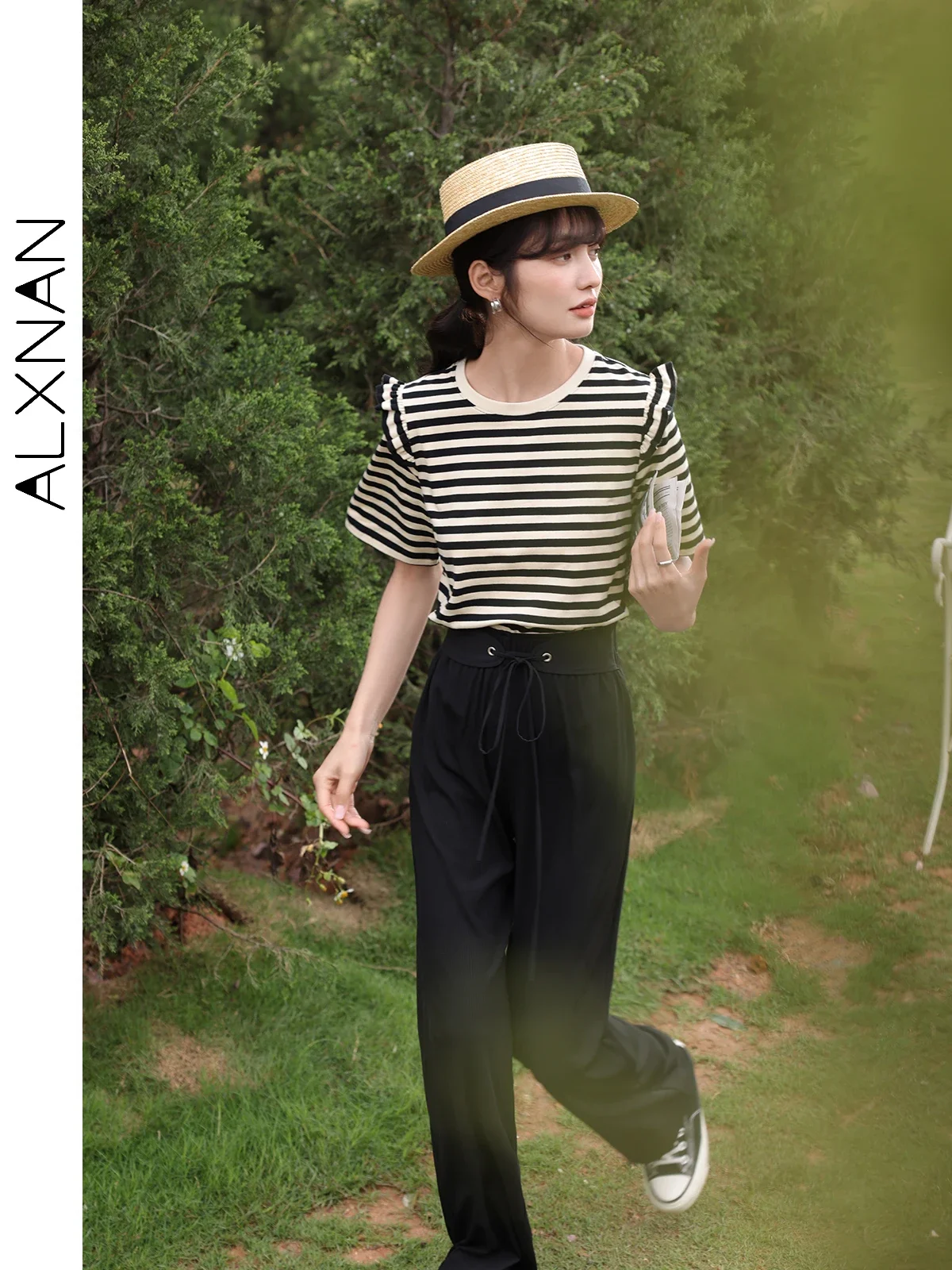 ALXNAN High Waist Casual Knitted Pant for Woman 2024 Summer Baggy Straight Pants Commuter Full Length Female Trousers LXN25338