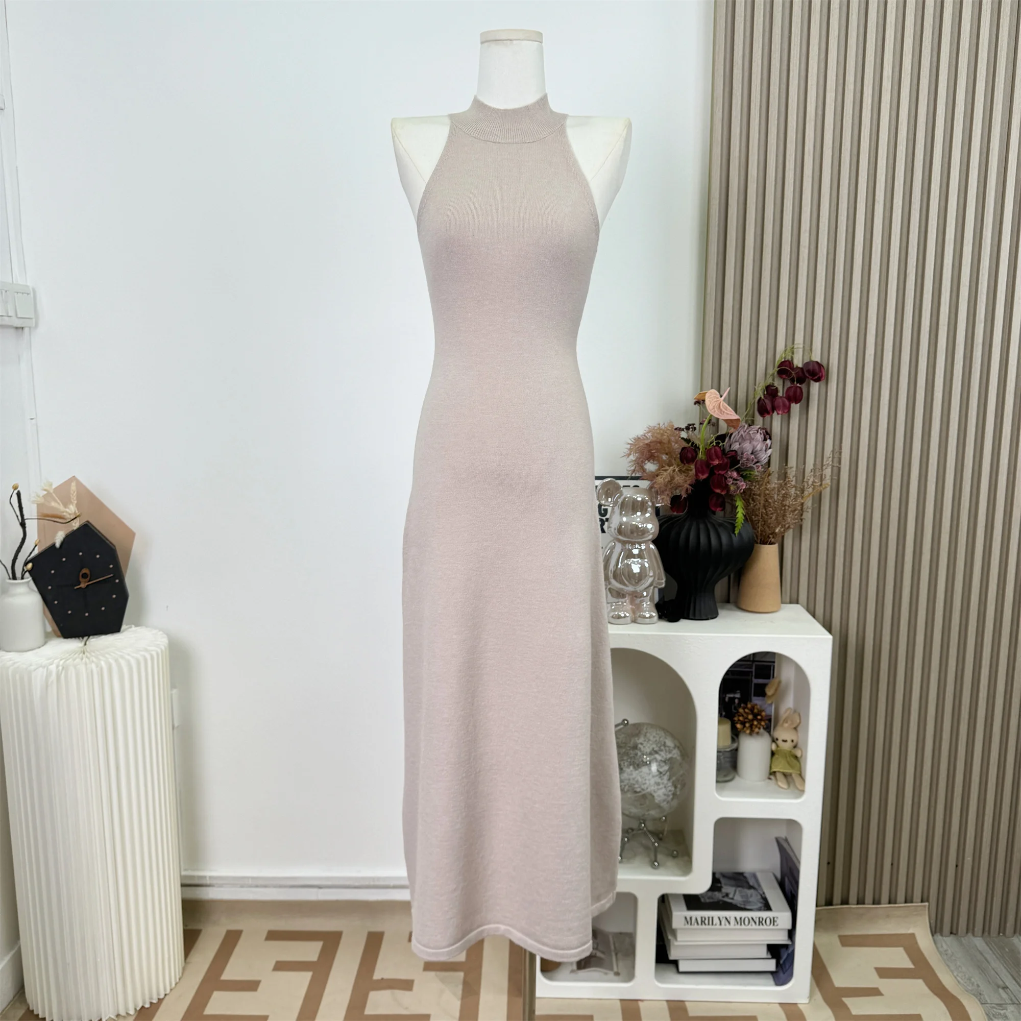 Style coréen cou suspendu épaules dénudées une ligne tricoté robes de soirée douce coupe ajustée Simple longues robes C216