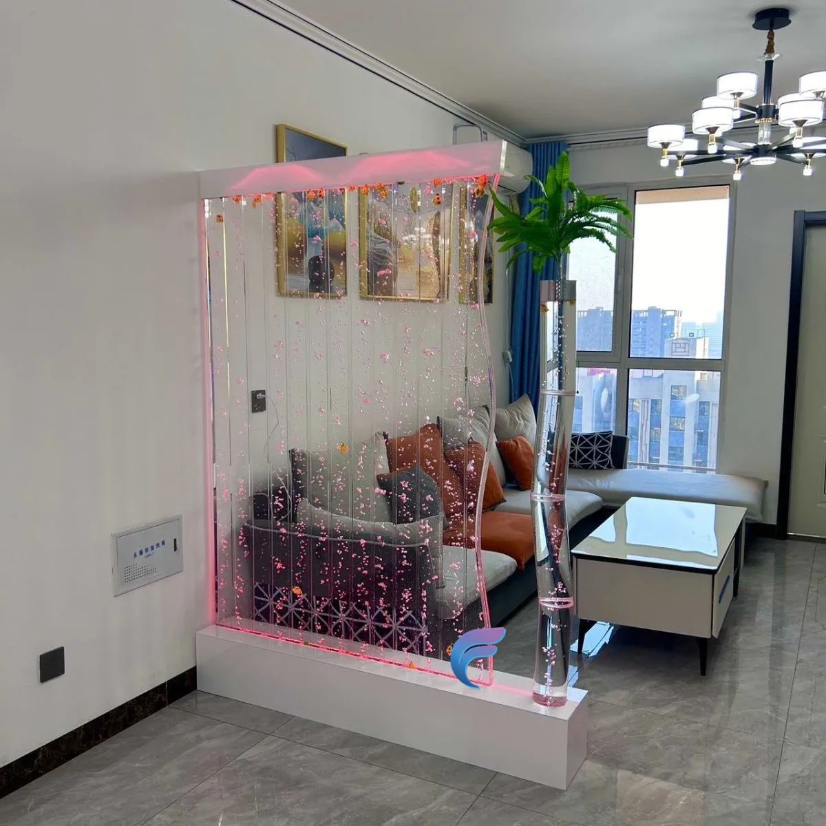 Customization.Home Decoration LED Waterfall & Bubble Wall Screens Movable Waterproof Glass with Steel Panel Room Divider